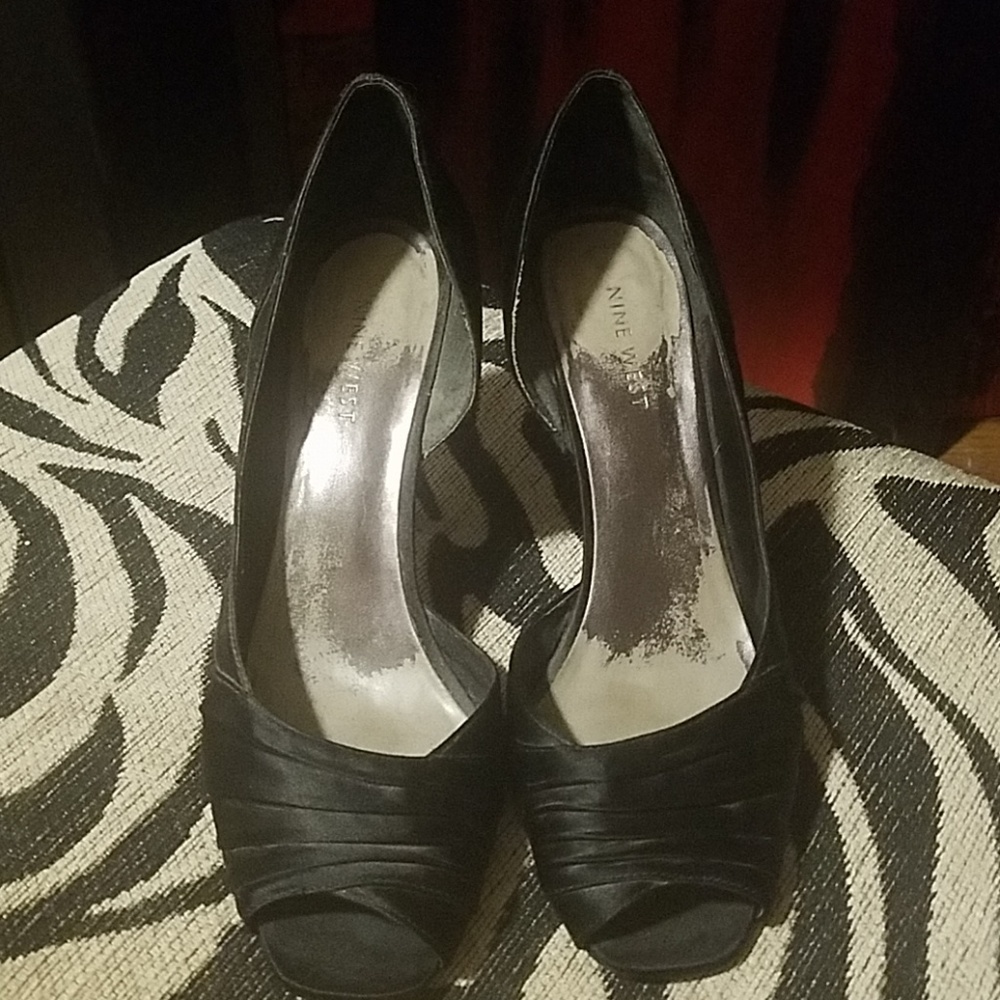 Black satin peep toe heels